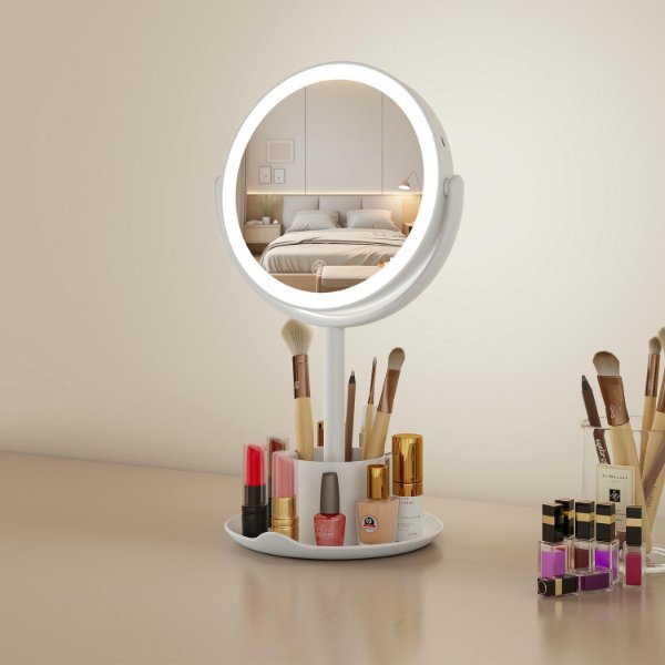RM472 Round Desktop LED Vanity Mirror with Storage