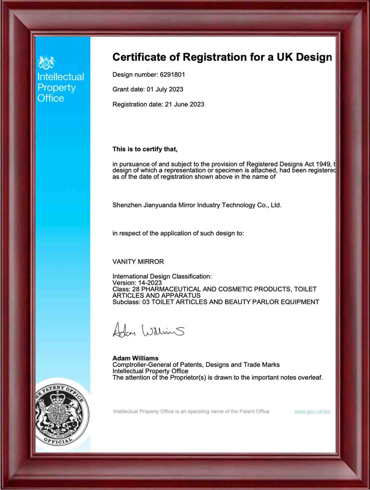 British appearance patent certificate.jpg